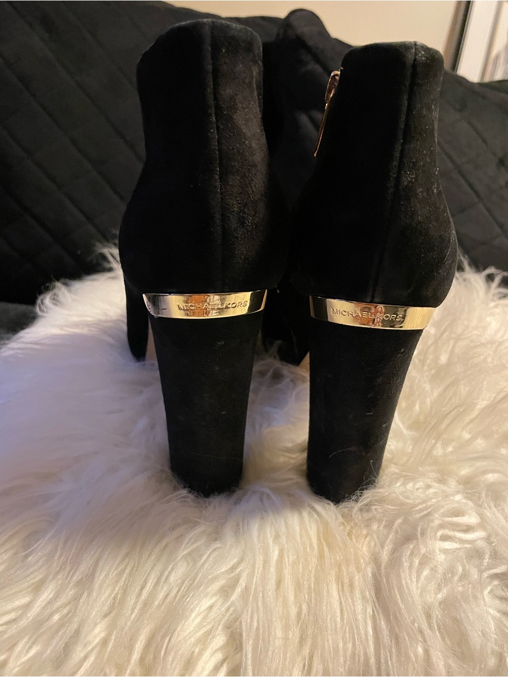 Michael Kors Black Suede Chunky Heel Ankle Boots with Gold Trim
